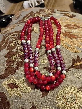 Multi-Strand Red Beaded Necklace with Sparkling Accents - Women's Jewelry